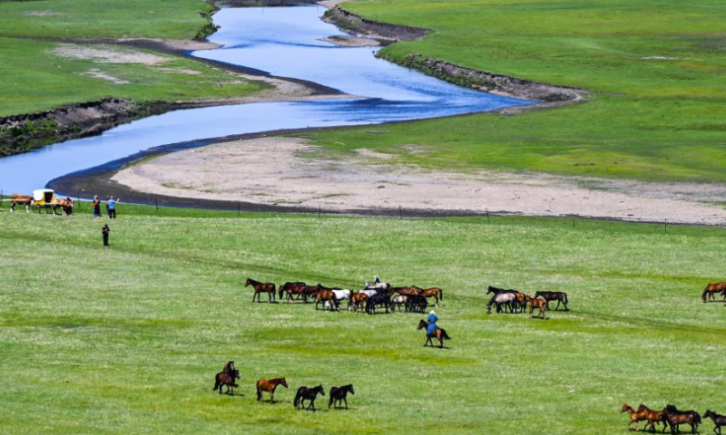 This photo taken on July 1, 2023 shows a horse herding performance during the second edition of the Hulun Buir grassland culture and tourism festival in Hulun Buir, north China's Inner Mongolia Autonomous Region. The second edition of the Hulun Buir grassland culture and tourism festival kicked off here on Saturday, attracting nationwide tourists with various performances of folk culture. (Xinhua/Lian Zhen)