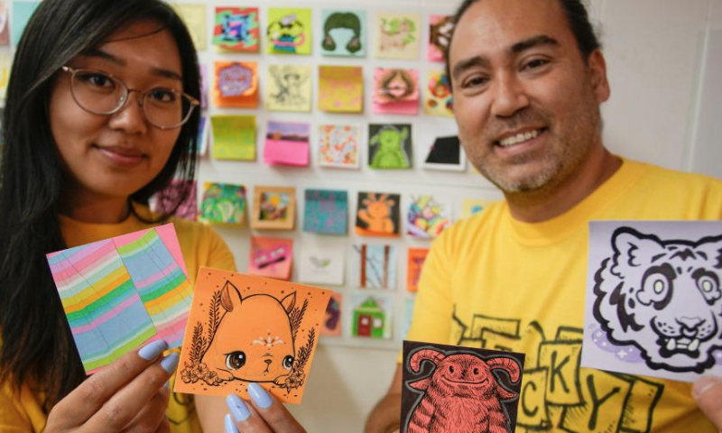 Artists present some artworks during the Post-it Note Art Show in Vancouver, British Columbia, Canada, on July 8, 2023. (Photo by Liang Sen/Xinhua)