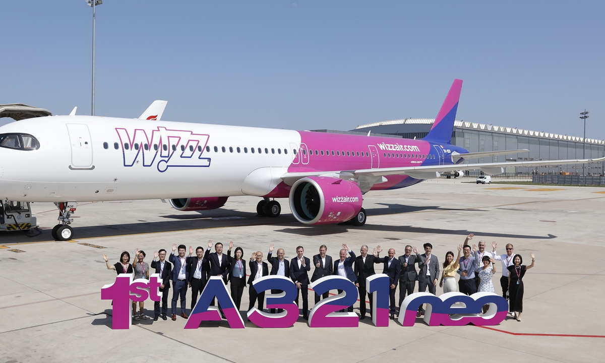 Wizz Air takes delivery of its first A321neo aircraft assembled in Airbus' final assembly line at an event in Tianjin on June 27, 2023. Photo: Courtesy of Airbus