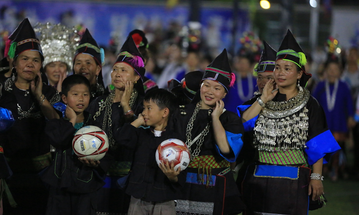 Villagers put on a performance between Cun Chao soccer matches in Rongjiang county, Southwest China's Guizhou Province, on June 3, 2023. Photo: VCG