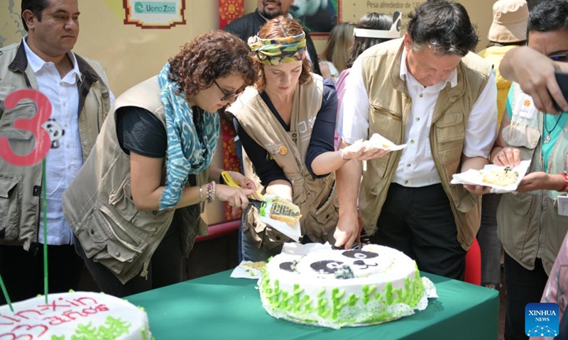 Staff members share cake with tourists to celebrate giant panda Xin Xin's birthday at the Chapultepec Zoo in Mexico City, Mexico, July 1, 2023. The giant panda Xin Xin celebrated its 33rd birthday on Saturday. (Xinhua/Xin Yuewei)