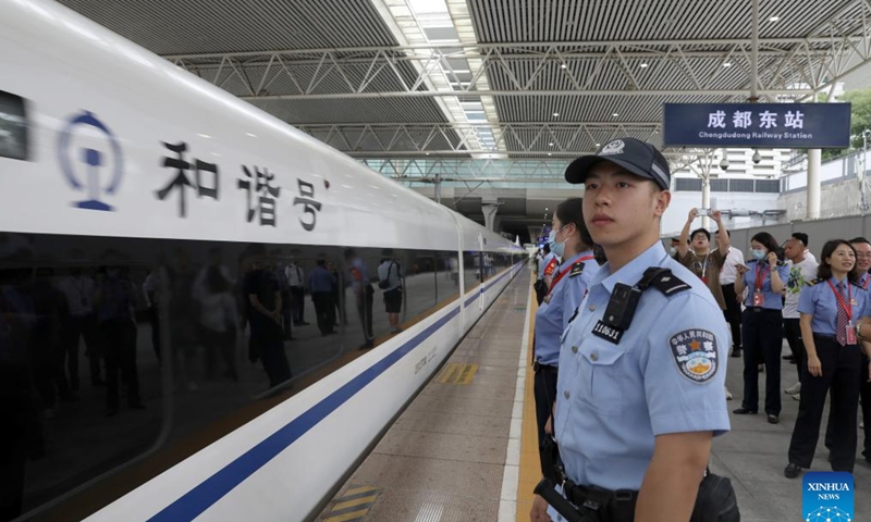 Railway police officers are on duty in Chengdu east railway station in Chengdu, southwest China's Sichuan Province, July 1, 2023.

The train started on Saturday morning from Chengdu, the capital of southwest China's Sichuan Province, heading for Hong Kong.

It marked the opening of a direct high-speed train service between Chengdu and Hong Kong. (Xinhua/Xing Tuo)