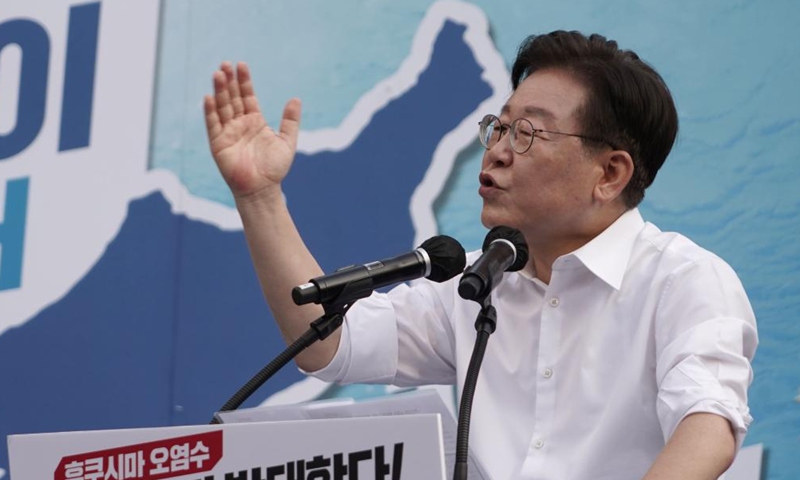 Lee Jae-myung, chairman of South Korea's main opposition Democratic Party (DP), addresses a rally to oppose Japan's nuclear-contaminated water discharge plan in Seoul, South Korea, July 1, 2023. South Korea's DP held a rally in central Seoul on Saturday to oppose Japan's nuclear-contaminated water discharge plan and urge the government to make clear its opposition to Japan's plan. According to the DP, nearly 100,000 people took part in the rally. (Photo by James Lee/Xinhua)