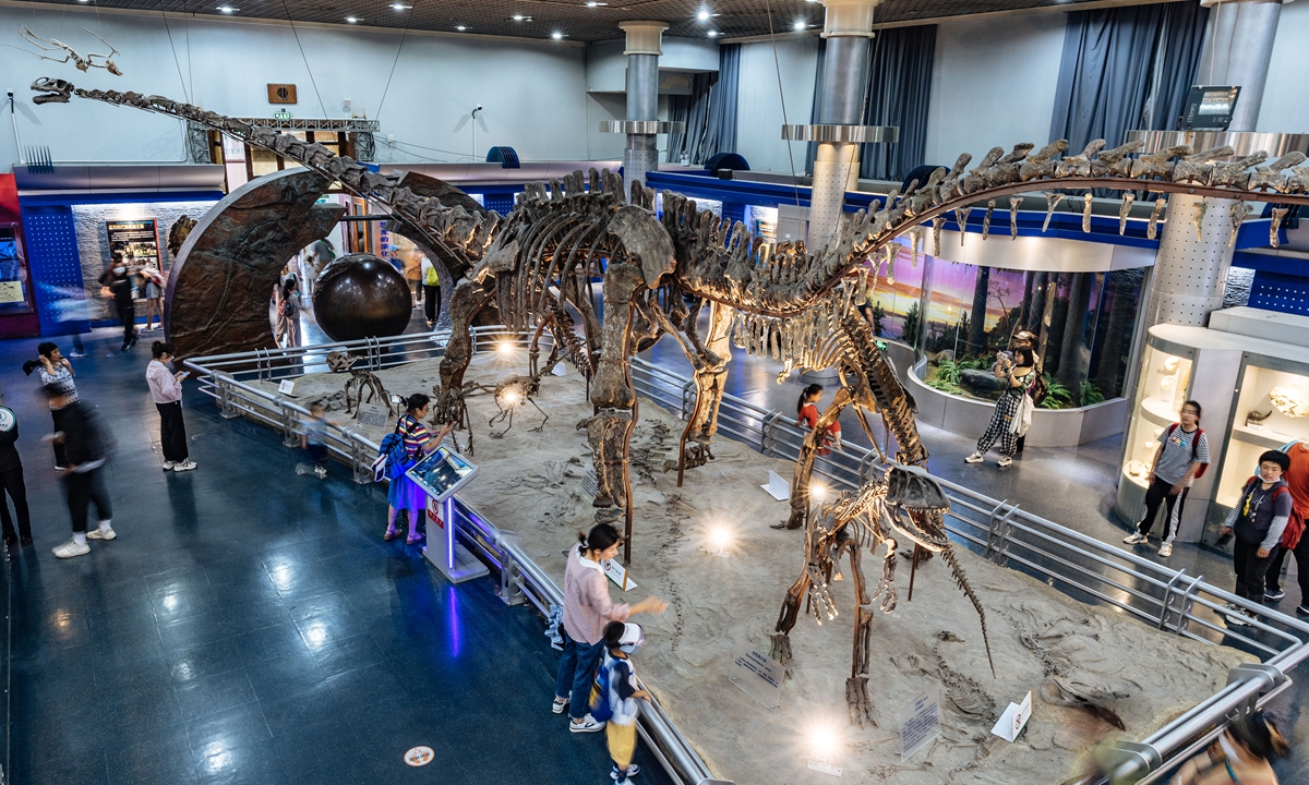 People look at a dinosaur skeleton at the National Natural History Museum of China. Photo: Li Hao/Global Times