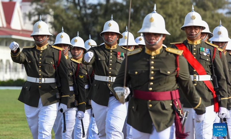 Soldiers participate in a military parade in Nuku'alofa, Tonga, on July 4, 2023. Tongan King Tupou VI's official birthday, observed on July 4 each year, is a public holiday in the country.((Photo: Xinhua)