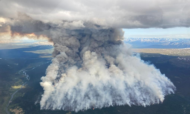 Aerial photo taken on June 24, 2023 shows wildfires near Tomias Mountain, British Columbia, Canada.(Photo: Xinhua)