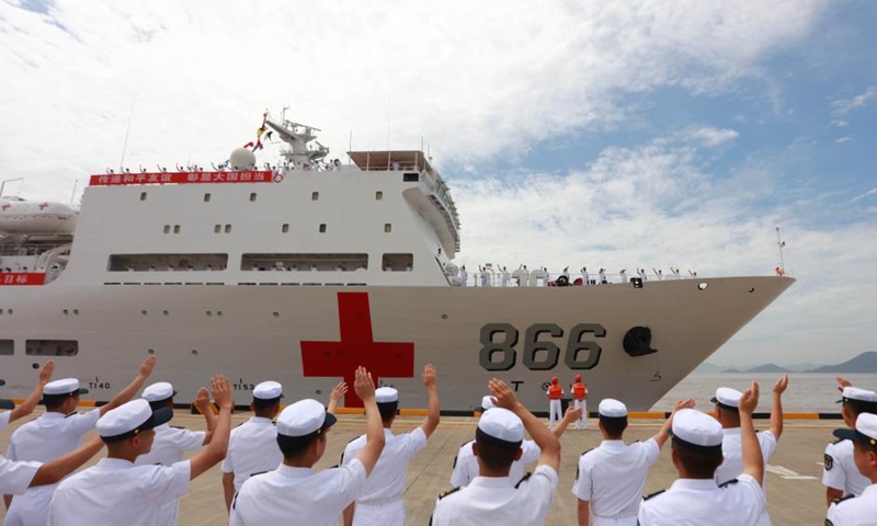 Chinese naval hospital ship Peace Ark sets sail at a port in Zhoushan, east China's Zhejiang Province, July 3, 2023.(Photo: Xinhua)
