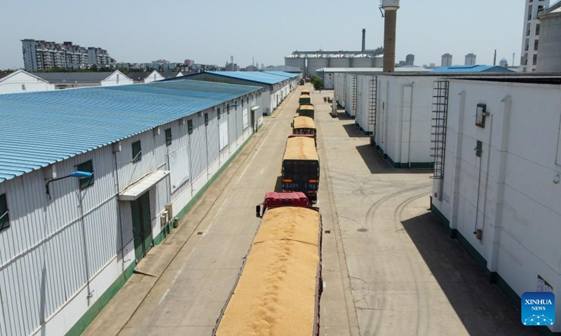 This aerial photo shows trunks loaded with grains lining up at Dagang branch of Central Grain Reserve Tianjin Dongli Direct Warehouse Co., Ltd. in north China's Tianjin, July 5, 2023. Twenty-three new warehouses are put into use at Dagang branch of Central Grain Reserve Tianjin Dongli Direct Warehouse Co., Ltd., adding a total storage capacity of about 200,000 tons to the major grain reserve depot in Tianjin.(Photo: Xinhua)