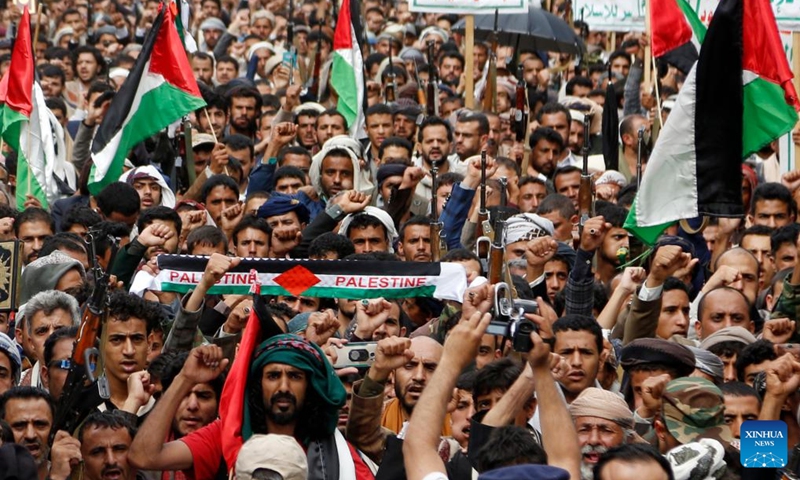 People take part in a protest in Sanaa, Yemen, on July 4, 2023. Thousands of people rallied in Yemen's rebel-held capital of Sanaa on Tuesday to protest against an Israeli raid on the Jenin refugee camp in the West Bank. ((Photo: Xinhua)