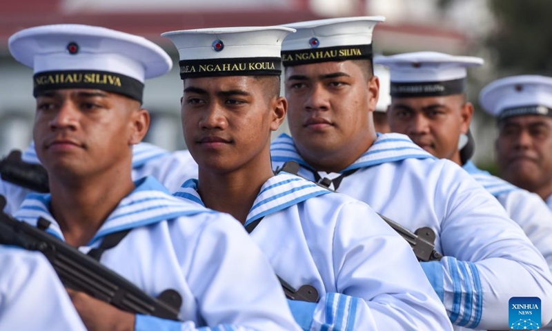 Soldiers participate in a military parade in Nuku'alofa, Tonga, on July 4, 2023. Tongan King Tupou VI's official birthday, observed on July 4 each year, is a public holiday in the country.((Photo: Xinhua)