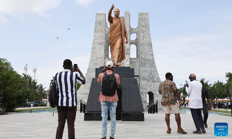 Tourists visit the Kwame Nkrumah Memorial Park in Accra, capital of Ghana, July 4, 2023. Ghana on Tuesday reopened the Kwame Nkrumah Memorial Park, a major cultural heritage in the capital city of Accra to memorize the country's first president, in the hope of boosting tourism. The park, first opened in 1992, has just completed its refurbishment under the Ghanaian government's five-year project to boost tourism and hospitality as critical drivers of socio-economic development.(Photo: Xinhua)