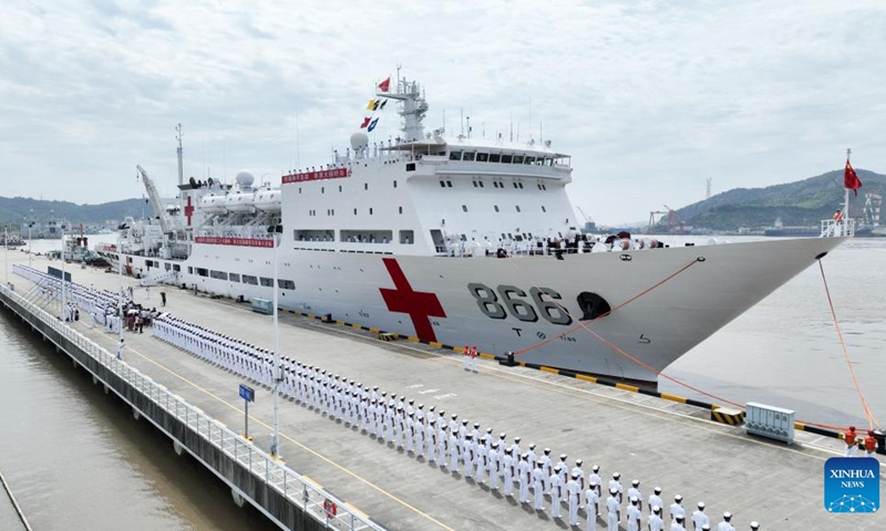 This aerial photo shows Chinese naval hospital ship Peace Ark preparing to set sail at a port in Zhoushan, east China's Zhejiang Province, July 3, 2023.(Photo: Xinhua)