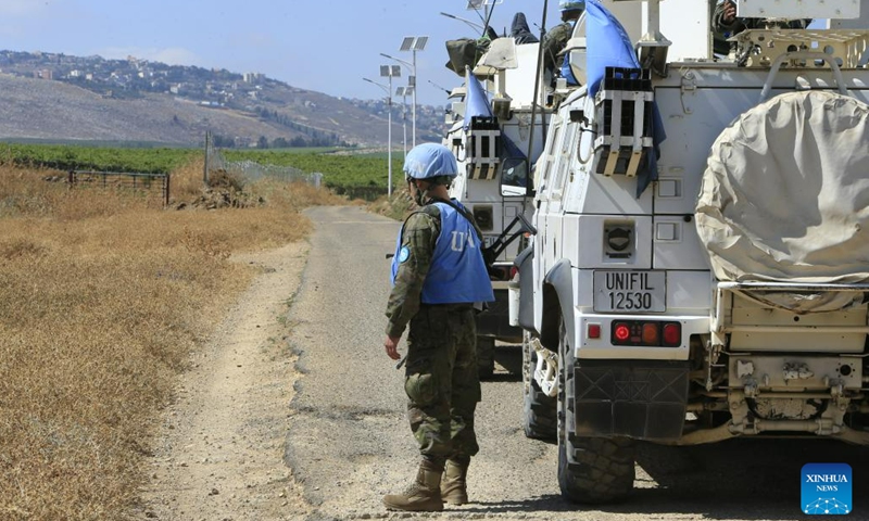 UNIFIL soldiers patrol along a road near the Lebanese-Israeli border in the town of Al-Wazzani, Lebanon, on July 6, 2023.(Photo: Xinhua)