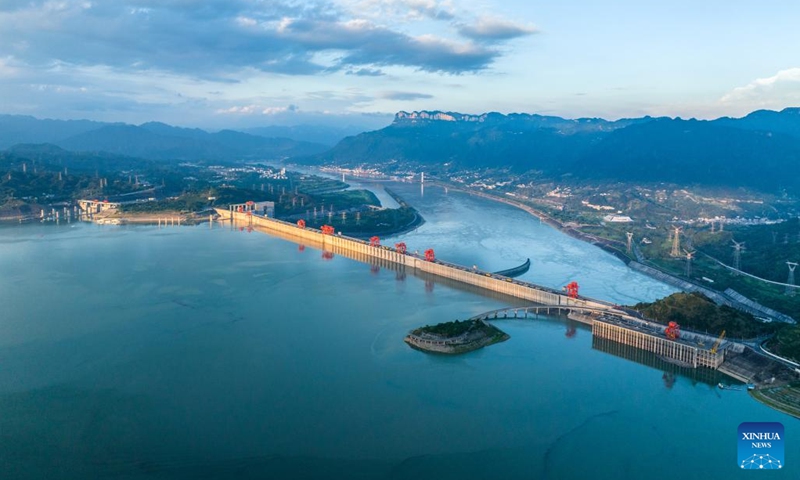 This aerial photo taken on July 9, 2023 shows the Three Gorges Hydroelectric Power Station in Yichang City, central China's Hubei Province. The Three Gorges Hydroelectric Power Station on China's Yangtze River has generated over 1.6 trillion kWh of electricity in 20 years since its first generator unit was put into operation to generate electricity in July 2003, official data showed Monday.(Photo: Xinhua)