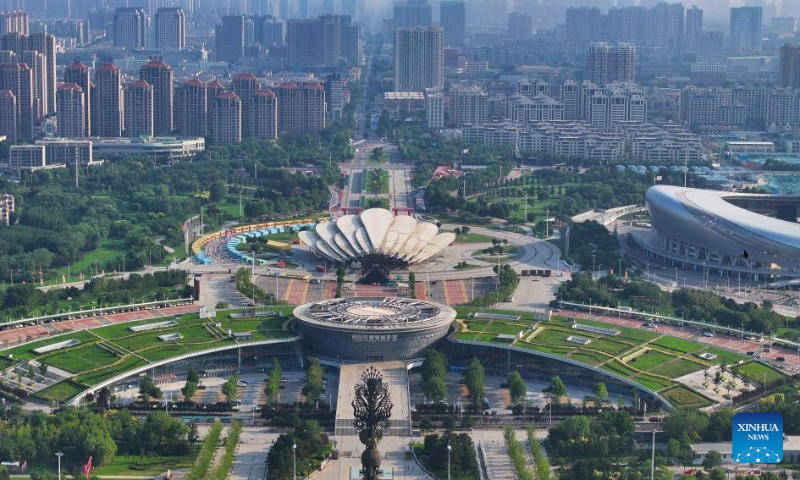 This aerial photo taken on July 22, 2023 shows a city view near Nanhu Lake in Tangshan, north China's Hebei Province. (Xinhua/Zhu Xudong)