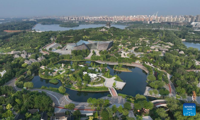 This aerial photo taken on July 22, 2023 shows the scenery of Nanhu Lake in Tangshan, north China's Hebei Province. (Xinhua/Zhu Xudong)