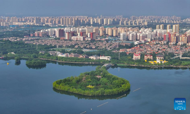 This aerial photo taken on July 22, 2023 shows the scenery of Nanhu Lake in Tangshan, north China's Hebei Province. (Xinhua/Zhu Xudong)