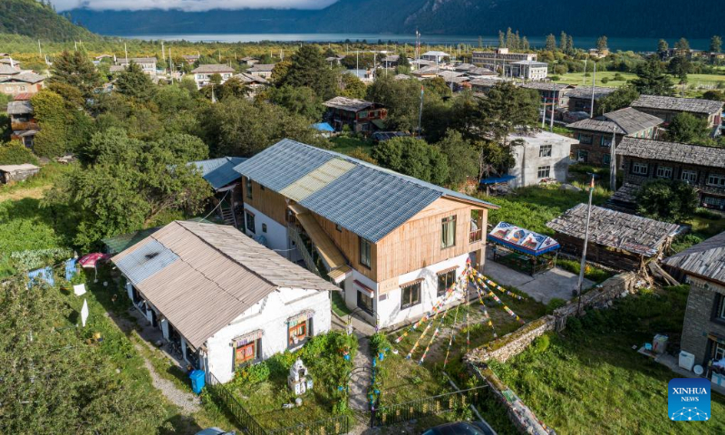 This aerial photo taken on July 20, 2023 shows a view of the Gaiba Village of Gongbo'Gyamda County in Nyingchi City, southwest China's Tibet Autonomous Region. (Xinhua/Sun Fei)