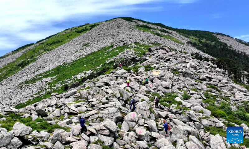 This aerial photo taken on July 21, 2023 shows visitors climbing to the peak at the Zhuque National Forest Park in Xi'an, northwest China's Shaanxi Province. (Xinhua/Liu Xiao)