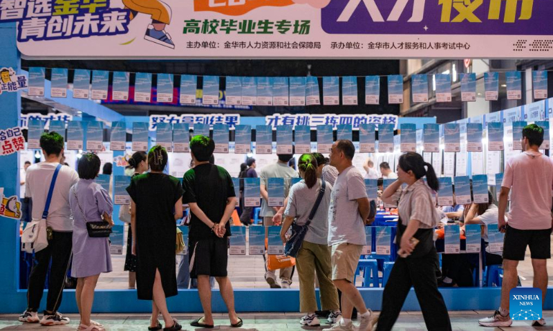 This photo taken on July 21, 2023 shows a job fair for college graduates in Jinhua City, east China's Zhejiang Province. (Photo by Shi Kuanbing/Xinhua)