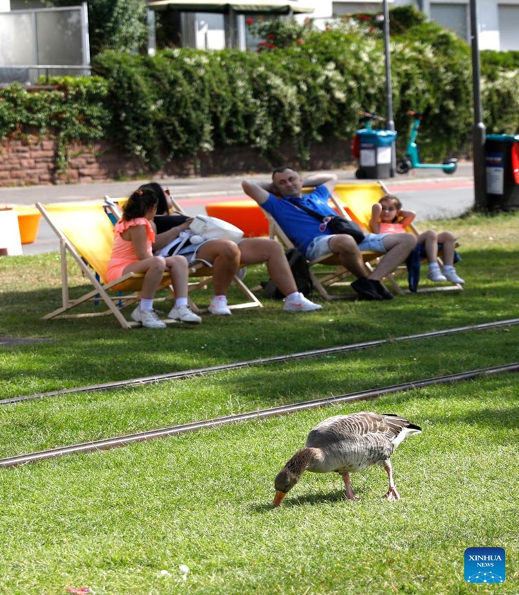 People rest on the lawn in Frankfurt, Germany, on July 8, 2023. (Xinhua/Zhang Fan)