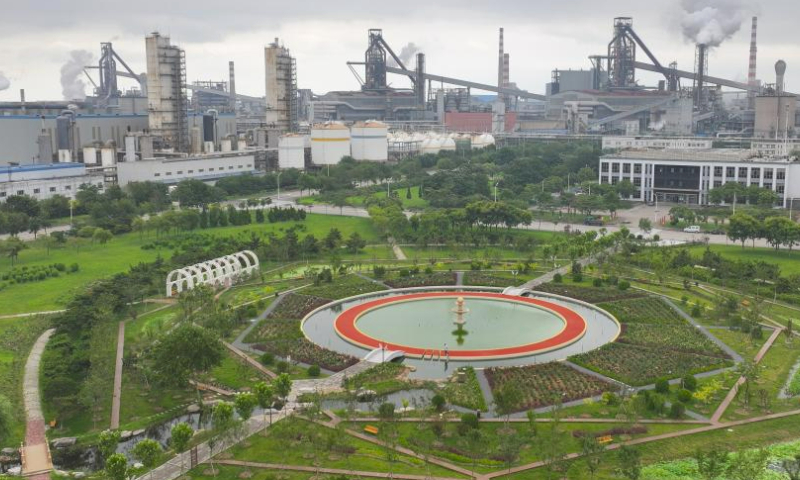 This aerial photo taken on July 22, 2023 shows the factory of Shougang Jingtang United Iron & Steel Co., Ltd. in Tangshan, north China's Hebei Province. Tangshan has continued to promote the optimizing of steel industry in recent years, contributing to the high-quality development of the economy. (Xinhua/Zhu Xudong)