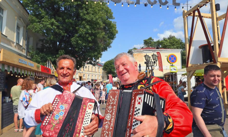 Actors perform musical instruments during the 32nd International Festival of Arts Slavianski Bazaar in Vitebsk, Belarus, July 14, 2023. (Photo by Henadz Zhinkov/Xinhua)