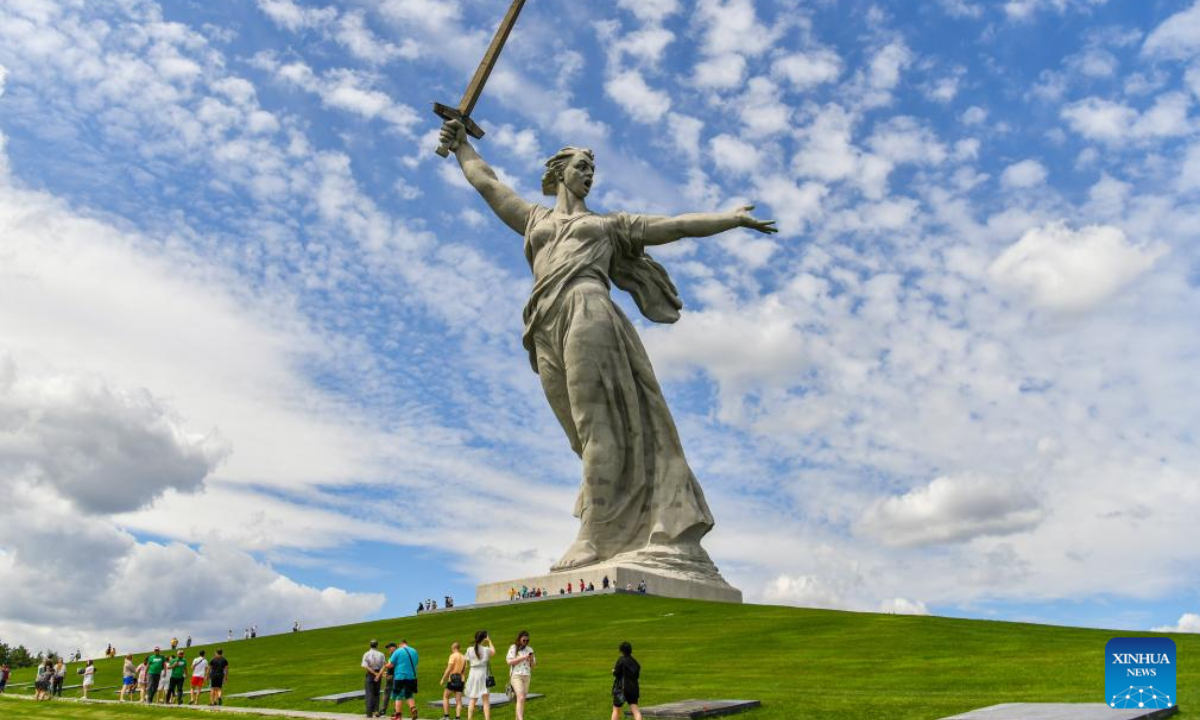 This photo taken on July 13, 2023 shows the Motherland Calls statue at Mamayev Kurgan in Volgograd, Russia. Photo:Xinhua