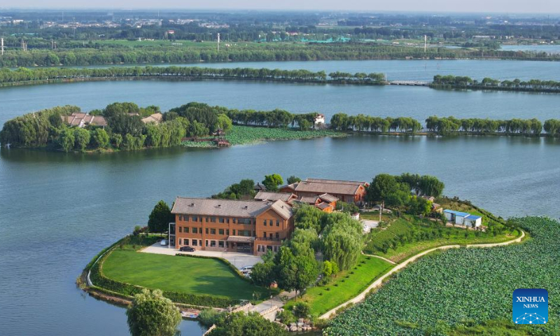 This aerial photo taken on July 22, 2023 shows the scenery of Nanhu Lake in Tangshan, north China's Hebei Province. (Xinhua/Zhu Xudong)