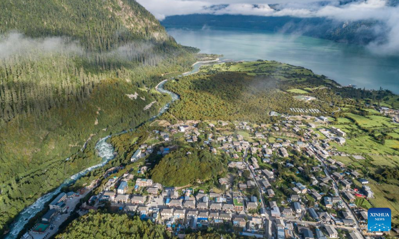 This aerial photo taken on July 20, 2023 shows a view of the Gaiba Village of Gongbo'Gyamda County in Nyingchi City, southwest China's Tibet Autonomous Region. (Xinhua/Sun Fei)