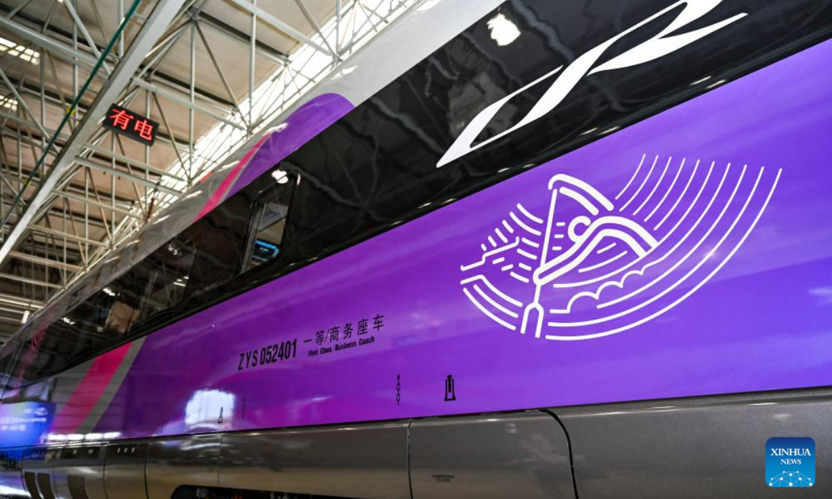 This photo taken on July 21, 2023 shows the exterior view of the Fuxing bullet train specially designed for the Hangzhou Asian Games in Changchun, northeast China's Jilin Province. The train rolled off in Changchun on Friday. Photo:Xinhua