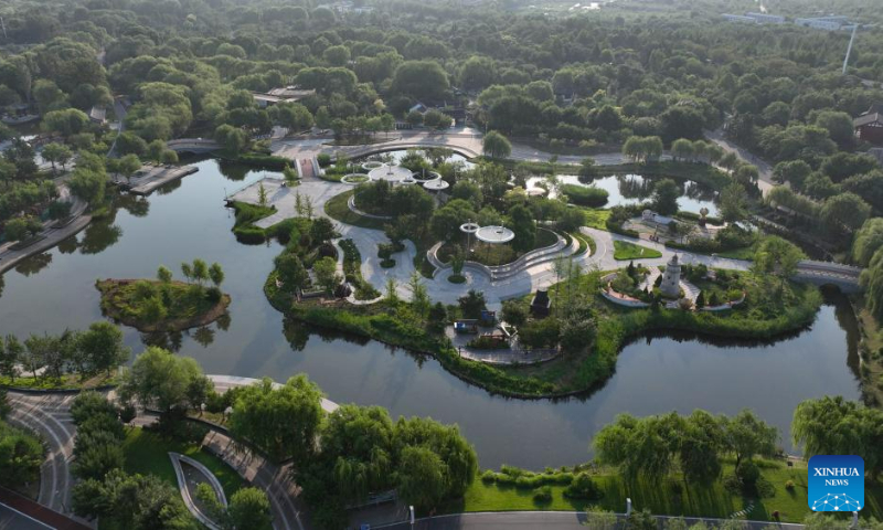 This aerial photo taken on July 22, 2023 shows the scenery of Nanhu Lake in Tangshan, north China's Hebei Province. (Xinhua/Zhu Xudong)