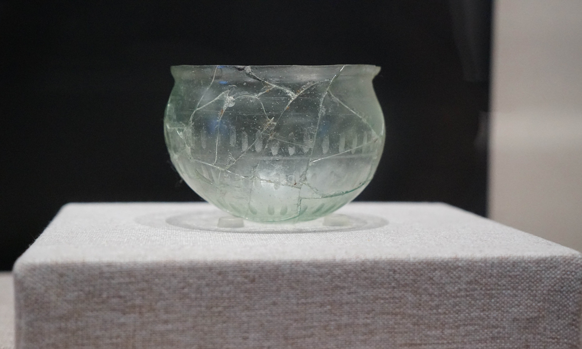 An ancient glass bowl on display at the China Maritime Museum in Shanghai, which was unearthed in Nanjing, East China's Jiangsu Province. Photo: Lu Ting/Global Times
