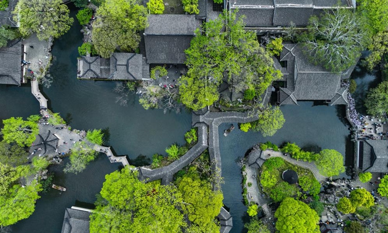 This aerial photo taken on April 5, 2023 shows a view of the Humble Administrator's Garden in Suzhou, east China's Jiangsu Province. Suzhou, a city with a history of over 2,500 years, is referred to as heaven on earth in a famous Chinese adage.(Photo: Xinhua)