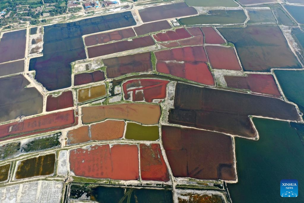 This aerial photo taken on July 11, 2023 shows the Salt Lake in Yuncheng City, north China's Shanxi Province. Yuncheng Salt Lake has a history of over 4,600 years of exploitation, with profound cultural heritage and significant historical value. In recent years, local authority has insisted on giving priority to protection and green development and stopped all industrial production within the protection area of the lake, in a bid to promote industrial transformation and upgrading according to local conditions.(Photo: Xinhua)