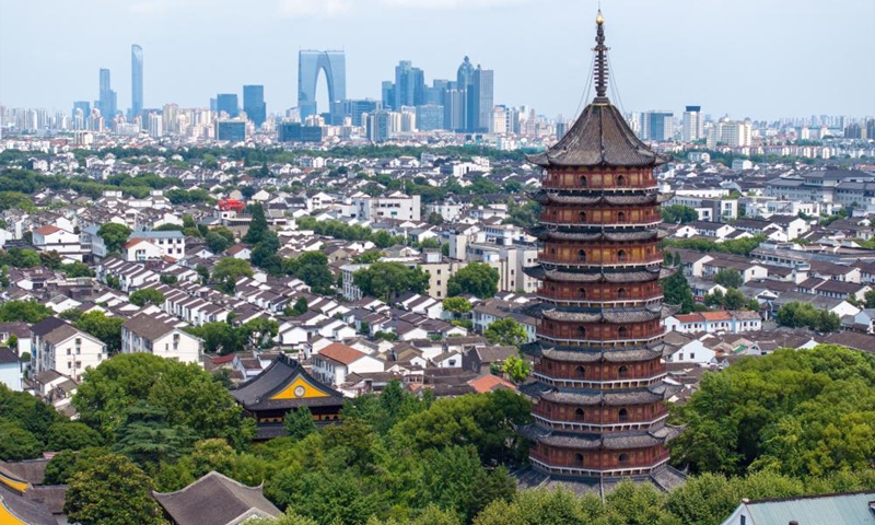 This aerial photo taken on July 4, 2023 shows the Beisi Pagoda in Suzhou, east China's Jiangsu Province. Suzhou, a city with a history of over 2,500 years, is referred to as heaven on earth in a famous Chinese adage.(Photo: Xinhua)