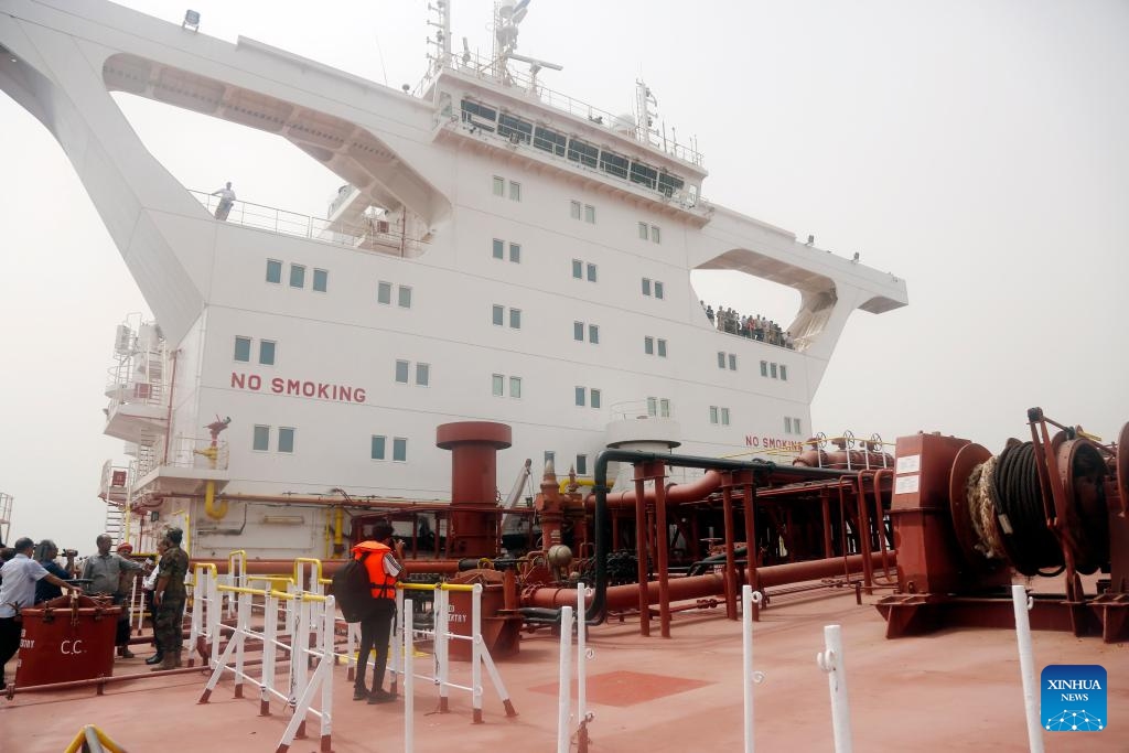 This photo taken on July 17, 2023 shows the upper deck of the Nautica, a tanker chartered by the United Nations to transfer crude oil from the decaying Safer tanker, off the coast of the Hodeidah Province, western Yemen. The United Nations delivered a replacement vessel to Yemen's Houthi group on Monday as part of an urgent mission to avert a potential oil spill from the decaying Safer tanker off Yemen's western coast.(Photo: Xinhua)