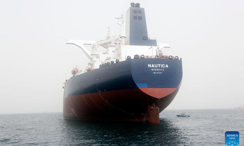 This photo taken on July 17, 2023 shows the Nautica, a tanker chartered by the United Nations to transfer crude oil from the decaying Safer tanker, off the coast of the Hodeidah Province, western Yemen. The United Nations delivered a replacement vessel to Yemen's Houthi group on Monday as part of an urgent mission to avert a potential oil spill from the decaying Safer tanker off Yemen's western coast.(Photo: Xinhua)