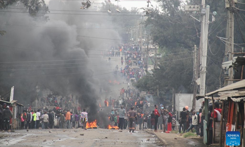 Protesters barricade a road leading to Kamukunji in Nairobi, capital of Kenya, on July 12, 2023. At least five people were reportedly shot dead and others sustained gunshot wounds on Wednesday during protests across Kenya over the high cost of living.(Photo: Xinhua)