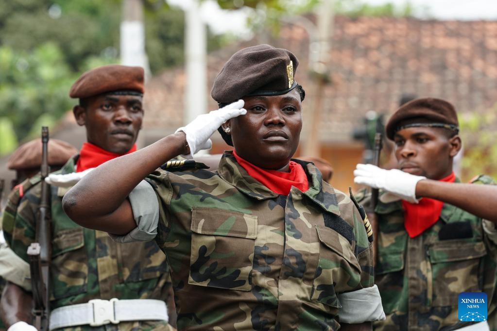 Soldiers attend a military parade during the Independence Day celebrations in Guadalupe, Sao Tome Island, Sao Tome and Principe, on July 12, 2023. Sao Tome and Principe celebrated the 48th anniversary of its independence here on Wednesday.(Photo: Xinhua)