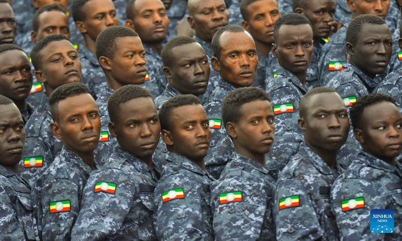 Cadets of the Ethiopian Police University attend graduation ceremony in Addis Ababa, Ethiopia, on July 15, 2023. Over 600 cadets in various fields of studies graduated from the Ethiopian Police University on Saturday. (Photo by Michael Tewelde/Xinhua)