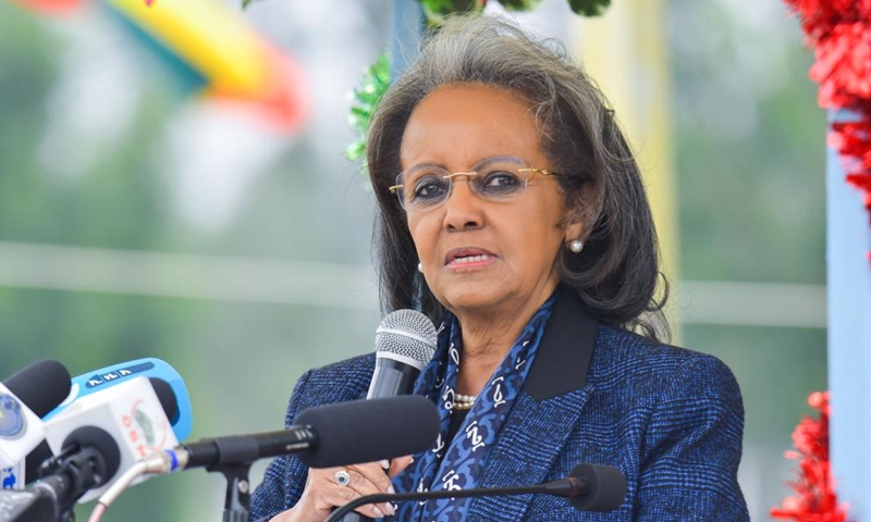 Ethiopian President Sahle-Work Zewde speaks during the graduation ceremony of the Ethiopian Police University in Addis Ababa, Ethiopia, on July 15, 2023. Over 600 cadets in various fields of studies graduated from the Ethiopian Police University on Saturday. (Photo by Michael Tewelde/Xinhua)