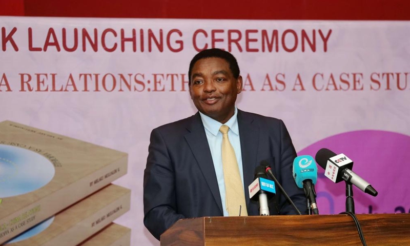 Gebeyehu Ganga, director general of the Asia and Pacific Directorate at the Ethiopian Ministry of Foreign Affairs, speaks during the launch ceremony for a new book entitled Africa-China Relations - Ethiopia as a Case Study in Addis Ababa, Ethiopia, on July 15, 2023. A new book entitled Africa-China Relations - Ethiopia as a Case Study was launched Saturday showcasing the diverse and historic Sino-Africa ties, with particular emphasis on China-Ethiopia relations. (Xinhua/Wang Ping)