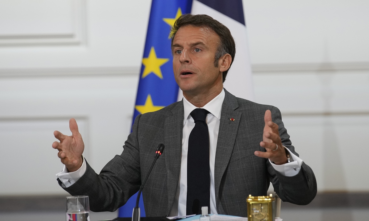 French President Emmanuel Macron speaks at a cabinet meeting on July 21, 2023 at the Elysee Palace in Paris, after a cabinet reshuffle. The French presidency formalized the government reshuffle on July 20, 2023 with eight new members of a government that has 41 ministers in total. Photo: VCG