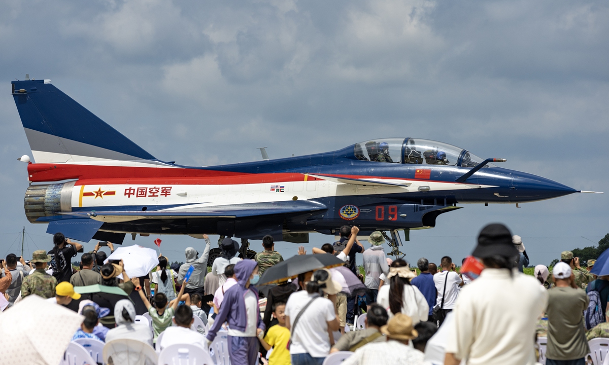 The Bayi Aerobatic Team rehearses for the People's Liberation Army Air Force open-day event in Changchun, Northeast China's Jilin Province on July 24, 2023. This marks the first time the team has made a domestic public appearance after switching over to the J-10C fighter jet. Photo: VCG