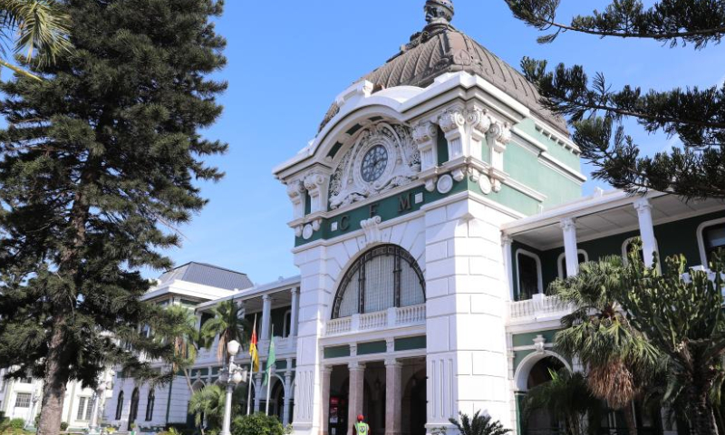 This photo taken on July 29, 2023 shows the Maputo Central Railway Station in Maputo, Mozambique. The Republic of Mozambique is located in southeastern Africa, bordering the Indian Ocean to the east. The tourism here is based on the historical sites, national parks, and nature reserves, with a focus on seaside vacations and eco-tourism. It has always been one of the popular choices for tourists to travel to Africa. (Xinhua/Dong Jianghui)