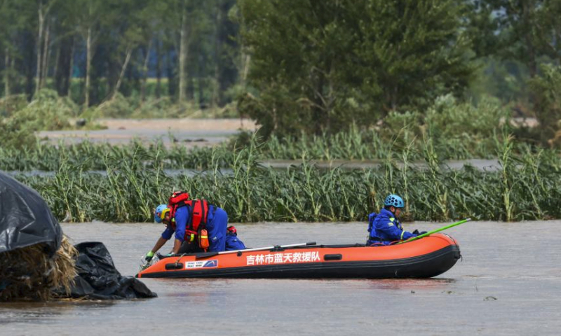 Rescuers carry out rescue and relief operations in Qili Township, Shulan City, northeast China's Jilin Province, Aug. 5, 2023.

Shulan City has been experiencing continuous rainy weather since Tuesday night. About 134,000 people have been affected, with more than 14,300 people evacuated, according to the flood control and drought relief headquarters of Shulan.

Continuous heavy rainfall caused flooding, bridge collapses and road damages in several towns of Shulan. Jilin Province have dispatched many rescue reinforcements to Shulan to offer disaster relief support. (Xinhua/Yan Linyun)