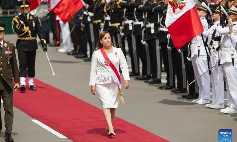 Peruvian President Dina Boluarte attends an event to commemorate Peru's independence in Lima, Peru, on July 28, 2023. (Xinhua/Mariana Bazo)

