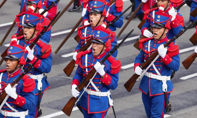 Soldiers attend a parade to mark the 202nd anniversary of the independence of Peru in Lima, Peru, July 29, 2023. (Xinhua/Mariana Bazo)

