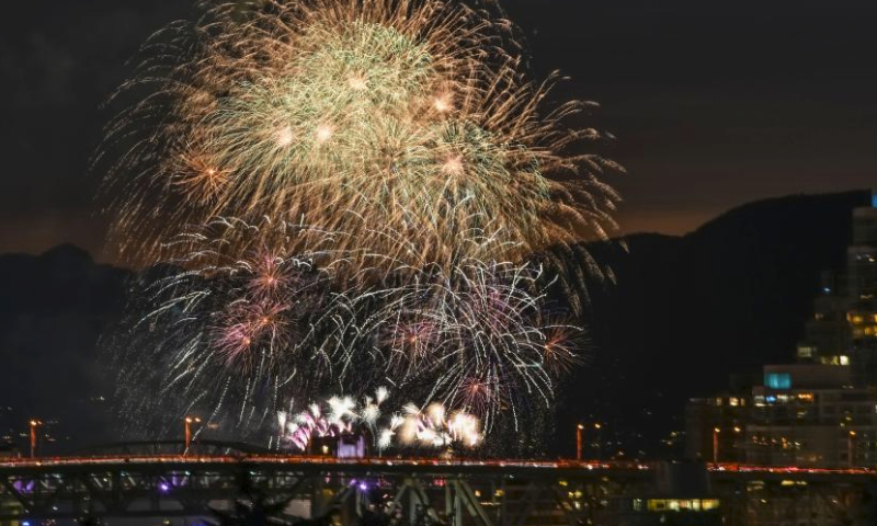 Fireworks presented by team Mexico light up the sky during the 31st Celebration of Light fireworks competition at English Bay in Vancouver, British Columbia, Canada, on July 26, 2023. (Photo by Liang Sen/Xinhua)